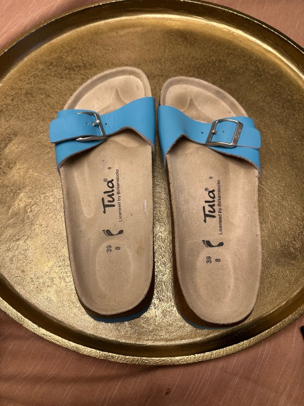 Tula Birkenstock Single Buckle Slide Sandals in Sky Blue w8 worn once turquoise